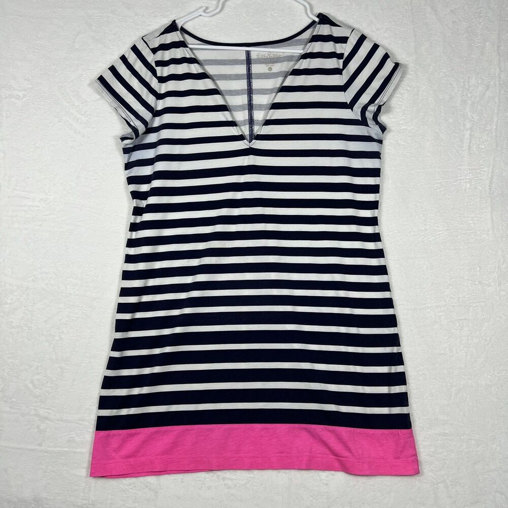 Lilly Pulitzer Womens T-Shirt Dress XL Navy White Stripe Pink Hem Cotton V-Neck